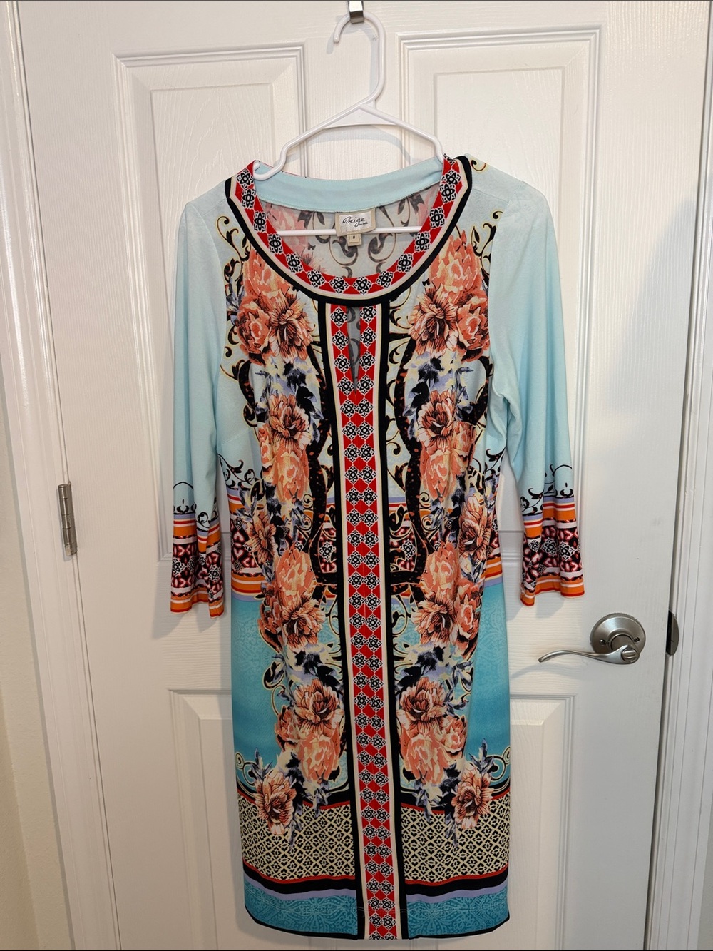 Beige by ECI Blue Orange Boho Floral Keyhole Medallion Sheath Dress size 8
